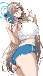 Rule 34 | 1girl, ass, asuna (blue archive), bare shoulders, blue archive, blue eyes, blue ribbon, blue shorts, blush, breasts, camisole, cellphone, choker, dolphin shorts, grin, gym shorts, hair over one eye, hair ribbon, halo, hella p, highres, large breasts, light brown hair, long hair, looking at viewer, phone, ribbon, shirt, short shorts, shorts, smile, solo, tank top, thighs, very long hair, white camisole, white shirt