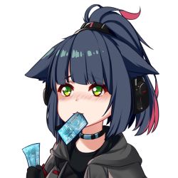 Rule 34 | 1girl, :3, absurdres, arknights, azuri909, banknote, black gloves, black shirt, blue hair, blunt bangs, blush, chibi, choker, commentary, dark blue hair, english commentary, eyebrows hidden by hair, gloves, green eyes, grey jacket, headphones, high ponytail, highres, holding, holding money, hood, hood down, in mouth, jacket, jessica (arknights), money, multicolored hair, red hair, shirt, short ponytail, simple background, solo, streaked hair, tears, transparent background, two-tone hair, upper body