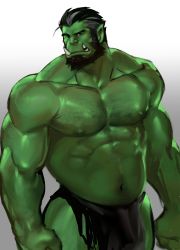 Rule 34 | 1boy, abs, bara, bare pectorals, beard, bulge, chest hair, colored skin, dopey (dopq), facial hair, fangs, feet out of frame, green skin, highres, large pectorals, loincloth, male focus, mature male, monster boy, muscular, muscular male, mustache, navel, navel hair, nipples, orc, original, pectorals, pointy ears, revealing clothes, short hair, solo, stomach, thick eyebrows, thick thighs, thighs
