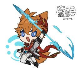 Rule 34 | 1boy, animal ears, black footwear, black gloves, blue eyes, boots, bright pupils, chibi, fox ears, fox tail, genshin impact, gloves, grey shirt, holding, holding weapon, hydro symbol (genshin impact), liquid weapon, long sleeves, looking at viewer, marimo jh, open mouth, pants, shirt, simple background, smile, solo, tail, tartaglia (genshin impact), water, weapon, white background, white pants, zhongli (genshin impact)