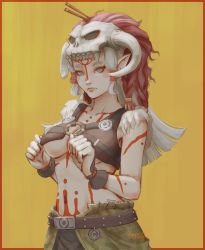 Rule 34 | 1girl, alternate costume, barbarian set (zelda), belt, bodypaint, border, braid, breasts, closed mouth, collarbone, commentary, crop top, english commentary, facepaint, grey eyes, grey hair, hands up, highres, horns, kumanz, lips, long hair, looking at viewer, medium breasts, midriff, navel, nintendo, no bra, paya (zelda), pointy ears, sidelocks, signature, skull, solo, stomach, the legend of zelda, the legend of zelda: breath of the wild, underboob, upper body