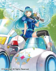 Rule 34 | 1girl, black gloves, black thighhighs, blue hair, boots, cardfight!! vanguard, gloves, gun, long hair, matsurika youko, official art, parted lips, police, police uniform, puffy short sleeves, puffy sleeves, short sleeves, sitting, solo, thighhighs, uniform, weapon, white footwear, yellow eyes