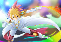 Rule 34 | 10s, 1boy, epaulettes, fabulous, full body, gradient background, male focus, multicolored hair, red eyes, solo, star driver, tagme, tsunashi takuto, two-tone hair