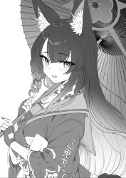 Rule 34 | 1girl, animal ear fluff, animal ears, blue archive, fingerless gloves, fingernails, fox ears, from side, gloves, greyscale, halo, highres, holding, holding umbrella, japanese clothes, kimono, long fingernails, long hair, looking to the side, marurumaru00, monochrome, open mouth, simple background, smile, solo, umbrella, upper body, wakamo (blue archive), white background