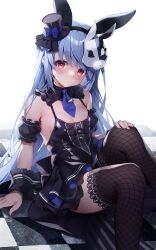 Rule 34 | 1girl, animal ears, black dress, blue hair, blush, bow, checkered floor, detached sleeves, dress, fake animal ears, feet out of frame, fishnet thighhighs, fishnets, frilled sleeves, frills, hand on own knee, hat, hat bow, highres, hololive, long hair, looking at viewer, mask, mask on head, mini hat, mini top hat, necktie, pinki o64, puffy short sleeves, puffy sleeves, rabbit ears, rabbit mask, red eyes, short necktie, short sleeves, sitting, solo, thick eyebrows, thighhighs, top hat, usada pekora, usada pekora (furi furi bunny dress), very long hair, virtual youtuber, wrist cuffs