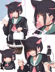 Rule 34 | 1girl, absurdres, animal ears, black choker, black hair, black jacket, black pantyhose, blue archive, blush, cat ears, choker, colored inner hair, exiadoon, eyes visible through hair, halo, highres, hood, hooded jacket, jacket, kazusa (blue archive), long sleeves, looking at viewer, multicolored hair, multiple views, open mouth, pantyhose, pink hair, pink halo, pleated skirt, red eyes, short hair, simple background, skirt, spoon, white background, white skirt