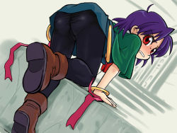 Rule 34 | 1girl, ahoge, all fours, angry, ass, bent over, blue hair, blue pantyhose, blush, boots, bracelet, cameltoe, capelet, carrie fernandez, castlevania (series), castlevania: legacy of darkness, dutch angle, embarrassed, from behind, jewelry, latex, looking back, panties, panties under pantyhose, pantyhose, purple hair, red eyes, ribbon, short hair, solo, stairs, stupa13a, sweat, underwear, upskirt