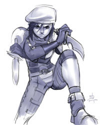 Rule 34 | 00s, 1girl, beret, dagger, dual wielding, female focus, final fantasy, final fantasy xi, hat, holding, hume, kapolo systems, knife, monochrome, purple theme, scowl, solo, weapon