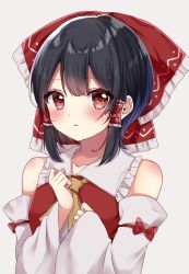 Rule 34 | 1girl, ascot, bare shoulders, black hair, blush, bow, breasts, collarbone, collared dress, commentary request, detached sleeves, dress, eyes visible through hair, frills, grey background, hair between eyes, hair ornament, hair tubes, hakurei reimu, hands up, heart, heart-shaped pupils, highres, long sleeves, looking away, medium breasts, open mouth, red bow, red dress, red eyes, shinonome asu, short hair, simple background, solo, symbol-shaped pupils, touhou, twitter username, white background, wide sleeves, yellow ascot