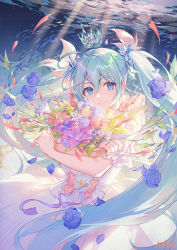 Rule 34 | 1girl, ahoge, aqua hair, aqua nails, artist name, atdan, bare shoulders, blue eyes, bouquet, commentary, crown, crystal, dress, flower, hair between eyes, hair flower, hair ornament, hatsune miku, highres, holding, holding bouquet, long hair, looking at viewer, nail polish, petals, pink flower, purple flower, red flower, rose, sidelocks, smile, solo, twintails, very long hair, vocaloid, white dress, white flower, yellow flower