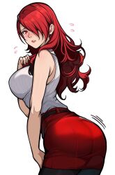 Rule 34 | 1girl, ass, blush, breasts, cowboy shot, female focus, flying sweatdrops, frills, hair over one eye, kirijou mitsuru, large breasts, lepypepy, lips, long hair, looking at viewer, looking back, nose blush, parted lips, pencil skirt, persona, persona 3, pink lips, red eyes, red hair, red skirt, shirt, sideboob, simple background, skirt, sleeveless, sleeveless shirt, solo, white background, white shirt