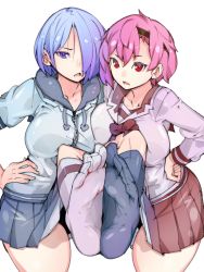 Rule 34 | 2girls, blue eyes, blue hair, breasts, feet, hair over one eye, hairband, hand on own hip, highres, large breasts, looking at viewer, medium hair, multiple girls, open mouth, pink hair, red eyes, skirt, socks, soles