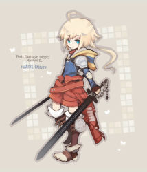 Rule 34 | 1boy, ahoge, armor, blonde hair, blue eyes, boots, brown background, bug, butterfly, character name, child, copyright name, final fantasy, final fantasy tactics advance, fingerless gloves, gloves, holding, insect, male focus, marche radiuju, shima h, shorts, solo, sword, weapon