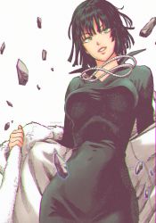 Rule 34 | 1girl, animated, animated gif, artist request, black dress, black hair, breasts, coat, dress, floating rocks, fubuki (one-punch man), fur coat, green eyes, high collar, jewelry, large breasts, lips, necklace, off shoulder, one-punch man, short hair, solo, taut clothes, taut dress