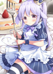 Rule 34 | 1girl, :o, animal ears, apron, blue dress, blush, bow, cake, cake slice, commentary request, crown, dress, fingernails, food, fork, frilled apron, frills, fruit, highres, holding, holding fork, long hair, maid apron, mini crown, mini person, minigirl, nail polish, original, parted lips, pink nails, puffy short sleeves, puffy sleeves, purple bow, purple eyes, purple hair, rabbit ears, satsuki yukimi, saucer, short sleeves, solo, strawberry, strawberry shortcake, striped clothes, striped dress, striped thighhighs, thighhighs, tilted headwear, twintails, vertical-striped clothes, vertical-striped dress, very long hair, white apron, wrist cuffs