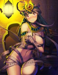 Rule 34 | 1girl, bandages, blush, breasts, closed mouth, crying, egyptian, embarrassed, female focus, green hair, jewelry, lantern, large breasts, looking at viewer, monster girl, mummy, navel, nude, original, red eyes, runes, sarcophagus, solo, tears, thighhighs