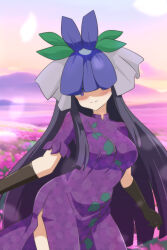 Rule 34 | 1girl, black gloves, black hair, blurry, blurry background, blush, breasts, cato (monocatienus), china dress, chinese clothes, contrapposto, covered eyes, cowboy shot, dress, elbow gloves, flower, flower on head, gloves, highres, large breasts, long hair, mountainous horizon, outstretched arms, purple dress, purple eyes, purple flower, side slit, sidelocks, sky, smile, touhou, very long hair, vine print, yomotsu hisami