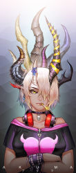 Rule 34 | bare shoulders, blonde hair, bow, bracelet, choker, cigarette, crossed arms, earrings, expressionless, hair bow, headphones, highres, horns, jewelry, lieqi hun, lips, looking at viewer, original, pointy ears, skull, solo, tsurime