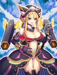 Rule 34 | 1girl, bare shoulders, blonde hair, blush, breasts, cleavage, cleavage cutout, clothing cutout, green eyes, hat, ichiban renga, long hair, mecha musume, midriff, navel, open mouth, smile, solo, sword, thighhighs, weapon