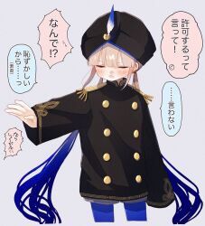 Rule 34 | 2boys, black coat, blue hair, blue pantyhose, blush, buttons, captain nemo (fate), closed eyes, coat, commentary, cowboy shot, cropped legs, embarrassed, epaulettes, fate/grand order, fate (series), fujimaru ritsuka (male), gold trim, grey background, hat feather, high collar, highres, light brown hair, long hair, low twintails, military, military uniform, multiple boys, naval uniform, nemo (fate), open mouth, out of frame, outstretched arm, pantyhose, saitoh michiru, short shorts, shorts, simple background, sleeves past fingers, sleeves past wrists, solo focus, translated, turban, twintails, uniform, v-shaped eyebrows, very long hair