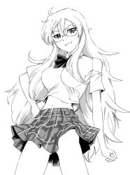 Rule 34 | 10s, 1girl, ben-tou, breasts, glasses, greyscale, grin, hand on own hip, hip focus, impossible clothes, impossible shirt, long hair, looking at viewer, monochrome, navel, plaid, plaid skirt, school uniform, shaga ayame, shirt, simple background, skirt, smile, solo, ueyama michirou