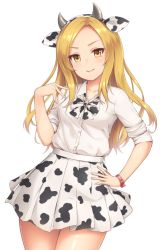 Rule 34 | &gt;:), 1girl, animal ear fluff, animal ears, animal print, blonde hair, blush, breasts, closed mouth, collarbone, cow ears, cow horns, cow print, cowboy shot, dress shirt, fake animal ears, hand on own hip, horns, long hair, looking at viewer, medium breasts, original, parted bangs, pleated skirt, print skirt, sasaame, shirt, shirt tucked in, sidelocks, simple background, skirt, sleeves rolled up, smile, solo, tsurime, v-shaped eyebrows, white background, white shirt, yellow eyes