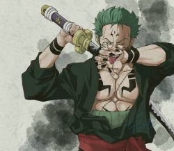 Rule 34 | 1boy, black nails, commentary request, covering own mouth, crossover, fingernails, green hair, hand mouth, japanese clothes, kuromitsu (erup8438), long fingernails, looking at viewer, male focus, nail polish, one eye closed, one piece, pectoral cleavage, pectorals, roronoa zoro, ryoumen sukuna (jujutsu kaisen), scar, scar on chest, scar on face, short hair, sword, tattoo, tongue, tongue out, weapon