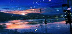Rule 34 | 1girl, absurdres, blue hair, blurry, bridge, bug, chinese commentary, cloud, facing away, feet in water, firefly, from behind, full body, highres, house, insect, lifeline (a384079959), mountainous horizon, original, outdoors, petals, reflection, river, rock, scenery, sky, solo, standing, sunrise, utility pole, water
