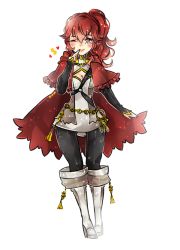Rule 34 | anna (fire emblem), black pantyhose, boots, breast strap, breasts, cape, capelet, dress, fire emblem, fire emblem fates, hair between eyes, hip focus, hood, itsaboutspoons, legs, long hair, nintendo, one eye closed, pantyhose, ponytail, red eyes, red hair, signature, solo, thief, wide hips