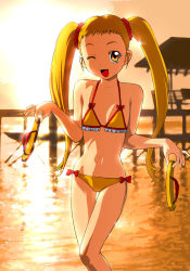 Rule 34 | 1girl, blonde hair, hair ornament, kasugano urara (yes! precure 5), long hair, looking at viewer, open mouth, precure, smile, solo, swimsuit, twintails, ueyama michirou, yellow eyes, yes! precure 5