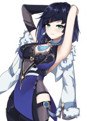Rule 34 | 1girl, absurdres, armpits, arms up, black gloves, black hair, blue hair, blush, breasts, brooch, cleavage, commentary, cowboy shot, dice, elbow gloves, fahufahu, genshin impact, gloves, gradient hair, green eyes, highres, jewelry, large breasts, looking at viewer, multicolored hair, parted lips, simple background, single glove, sleeveless, solo, standing, white background, yelan (genshin impact)
