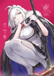 Rule 34 | 1girl, ahoge, alternate costume, apron, biting, breasts, cape, commentary request, enmaided, fate/grand order, fate (series), fur trim, glove biting, gloves, gun, high heels, highres, jeanne d&#039;arc (fate), jeanne d&#039;arc (ruler) (fate), jeanne d&#039;arc alter (avenger) (fate), jeanne d&#039;arc alter (fate), large breasts, legs, maid, maid apron, maid headdress, mouth hold, ohland, panties, panties under pantyhose, pantyhose, rifle, short hair, silver hair, sniper rifle, squatting, teeth hold, underwear, waist apron, weapon, white apron, white panties, white pantyhose, yellow eyes