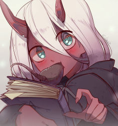 Rule 34 | 10s, 1girl, aged down, black robe, blush, book, closz, colored skin, darling in the franxx, eating, fingernails, green eyes, hair between eyes, highres, holding, holding book, horns, long hair, long sleeves, looking at viewer, mouse (animal), red skin, robe, sharp fingernails, signature, silver hair, solo, spoilers, torn clothes, zero two (darling in the franxx)
