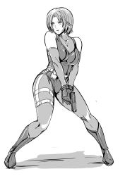Rule 34 | 1girl, bare shoulders, bodysuit, boots, breasts, capcom, cleavage, detached sleeves, dino crisis, female focus, full body, gloves, greco roman (spiral brain), greyscale, gun, handgun, knee boots, large breasts, leotard, monochrome, pistol, regina (dino crisis), short hair, solo, spandex, thigh strap, weapon