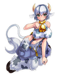 Rule 34 | 1girl, animal ears, animal print, bad id, bad pixiv id, bare shoulders, bell, blush, breasts, collar, cow ears, cow girl, cow print, cow tail, cowbell, green eyes, holstaur (monster girl encyclopedia), hooves, horns, kenkou cross, large breasts, lowres, mascot, midriff, monster girl, monster girl encyclopedia, multiple tails, neck bell, official art, simple background, smile, solo, tail, white background, zipper