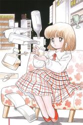 Rule 34 | 1980s (style), 1girl, :o, azuma hideo, bad source, bob cut, book, bottle, brown eyes, brown hair, couch, drink, earrings, flats, floating, floating object, highres, jewelry, nanako (nanako sos), nanako sos, official art, oldschool, plaid, plaid skirt, retro artstyle, sitting, skirt, solo, surprised, traditional media