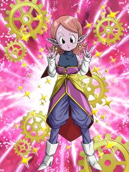 Rule 34 | 1girl, armpits, breasts, chronoa, colored skin, detached sleeves, dragon ball, dragon ball heroes, dragon ball xenoverse, dress, earrings, jewelry, long hair, looking at viewer, pink hair, pink skin, pointy ears, sash, small breasts, smile, solo, supreme kai of time, v