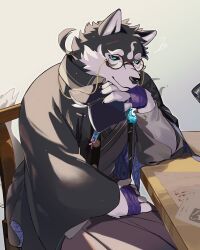 Rule 34 | 1boy, animal ears, bandages, black-framed eyewear, black coat, black fur, black sclera, blue eyes, blue fire, body fur, book, closed mouth, coat, collared coat, colored sclera, desk, dog boy, dog ears, eyewear strap, fire, furry, furry male, hand on own chin, highres, holding, holding book, japanese clothes, light smile, long coat, low ponytail, male focus, masanori (housamo), nanaisan (713), paper, round eyewear, scar, scar on face, sitting, snout, solo, tokyo houkago summoners, two-tone fur, white fur
