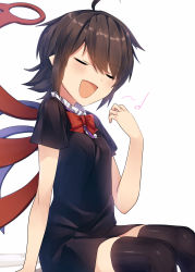 Rule 34 | 1girl, ahoge, asymmetrical wings, black dress, black hair, black thighhighs, blue wings, blush, bow, bowtie, breasts, closed eyes, commentary request, dress, feet out of frame, hair between eyes, hand up, head tilt, highres, houjuu nue, kisamu (ksmz), music, musical note, pointy ears, red bow, red bowtie, red wings, short dress, short hair, short sleeves, sidelocks, simple background, singing, sitting, small breasts, solo, thighhighs, touhou, white background, wings, zettai ryouiki