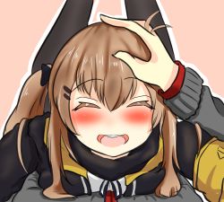 Rule 34 | 1boy, 1girl, abineko97, armband, black jacket, black ribbon, blush, breast press, breasts, brown hair, closed eyes, collared jacket, commentary, feet up, girls&#039; frontline, hair ornament, hair ribbon, happy, headpat, highres, jacket, looking at another, lying, lying on person, open mouth, pantyhose, pov, red eyes, ribbon, scar, scar across eye, scar on face, shirt, smile, teeth, tongue, ump9 (girls&#039; frontline), white shirt