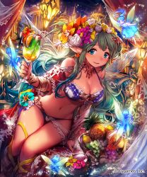Rule 34 | 10s, 4girls, ahoge, apple, armlet, bare shoulders, bikini, blue dress, blue eyes, blue hair, blush, breasts, cleavage, coconut, cup, curvy, daisy, dress, drinking glass, drinking straw, earrings, eyebrows, fairy, fairy wings, flower, food, fruit, fruit bowl, fruit cup, gradient hair, grapes, green hair, hair flower, hair ornament, head wreath, hibiscus, highres, jewelry, lantern, large breasts, lee hyeseung, lemon, looking at viewer, midriff, multicolored hair, multiple girls, navel, official art, open mouth, orange (fruit), pineapple, pointy ears, shingeki no bahamut, sitting, smile, string bikini, swimsuit, wide hips, wine glass, wings