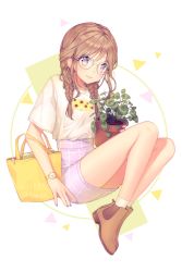 Rule 34 | 01nu, 1girl, bag, bare legs, braid, brown hair, floating, full body, glasses, multicolored eyes, original, plant, purple eyes, simple background, sitting, solo, twin braids, white background, yellow eyes