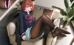Rule 34 | absurdres, bdsm, black pantyhose, bondage, bound, brown hair, brown pantyhose, feet, hair ornament, hairclip, highres, higuchi madoka, hong bai, idolmaster, idolmaster shiny colors, legs, mole, mole under eye, no shoes, open mouth, pantyhose, plaid, plaid skirt, pleated skirt, purple eyes, restrained, short hair, skirt, soles, sweater, thighhighs, thighs, tongue, tongue out