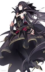 Rule 34 | 1girl, absurdres, bare shoulders, black dress, breasts, bridal gauntlets, brown hair, carimarica, cleavage, dress, fate/apocrypha, fate (series), fur trim, gold trim, highres, large breasts, long hair, looking at viewer, pointy ears, semiramis (fate), sidelocks, slit pupils, solo, spikes, very long hair, yellow eyes