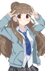 Rule 34 | 1girl, arms up, bad id, bad twitter id, blue jacket, blunt bangs, blush stickers, braid, breasts, brown hair, closed mouth, collared shirt, double v, dress shirt, grey skirt, hair bun, highres, idolmaster, idolmaster cinderella girls, jacket, kamiya nao, long hair, long sleeves, looking at viewer, open clothes, open jacket, pleated skirt, red eyes, school uniform, shirt, shiwa (siwaa0419), simple background, single hair bun, skirt, sleeves past wrists, small breasts, solo, thick eyebrows, v, very long hair, white background, white shirt