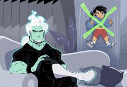 Rule 34 | 1boy, 1girl, against wall, black choker, black hair, blue eyes, boots, child, choker, colored skin, couch, curtains, dani phantom, daniela phantom, danny phantom, dark danny, facial hair, fiery hair, green skin, highres, jacket, krossan, long hair, looking at viewer, looking to the side, meme, pants, pillow, plant, ponytail, red eyes, shirt, shoes, shorts, smile, snickers (brand), stubble, t-shirt, wall, wristband