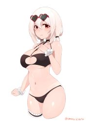 Rule 34 | 1girl, absurdres, alternate costume, azur lane, bikini, black choker, black legwear, blush, breasts, choker, closed mouth, collarbone, cropped legs, eyewear on head, frilled legwear, frills, hair between eyes, hand on own chest, highres, himono hinata, large breasts, lips, looking at viewer, navel, o-ring, o-ring bikini, o-ring top, red-framed eyewear, red eyes, scrunchie, short hair, simple background, sirius (azur lane), sirius (scorching-hot seirios) (azur lane), smile, solo, sunglasses, swimsuit, thigh strap, thighs, twitter username, underboob, white frills, white hair, white scrunchie, wrist scrunchie