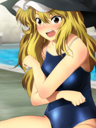 Rule 34 | 1girl, black hat, blonde hair, blue one-piece swimsuit, blurry, blurry background, blush, bow, breasts, brown eyes, collarbone, covering breasts, covering privates, cropped arms, embarrassed, hair between eyes, hair bow, hat, kirisame marisa, long hair, medium breasts, one-piece swimsuit, open mouth, poolside, school swimsuit, sitting, solo, spaghetti strap, swimsuit, touhou, very long hair, white bow, yadokari genpachirou