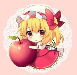 Rule 34 | 1girl, :3, apple, ascot, blonde hair, blush, bow, chibi, closed mouth, collared shirt, commentary request, crystal, doily, flandre scarlet, food, fruit, full body, gradient eyes, hair between eyes, hat, hat ribbon, highres, holding, leaf, looking at viewer, medium hair, mini person, minigirl, mob cap, multicolored eyes, pink background, puffy short sleeves, puffy sleeves, red bow, red eyes, red ribbon, red skirt, red vest, ribbon, ruhika, shirt, short sleeves, side ponytail, skirt, skirt set, smile, solo, touhou, vest, white hat, white shirt, wings, yellow ascot, yellow eyes