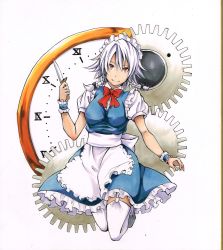 Rule 34 | 1girl, apron, black footwear, blue dress, bow, breasts, clock, collared shirt, dress, frilled apron, frilled dress, frills, full body, garter straps, gears, head tilt, highres, holding, holding knife, izayoi sakuya, knife, koji (koji-a), legs up, looking at viewer, maid, maid apron, maid headdress, puffy short sleeves, puffy sleeves, red eyes, roman numeral, shirt, shoes, short sleeves, silver hair, simple background, sleeveless, sleeveless dress, smile, solo, thighhighs, touhou, white background, white shirt, white thighhighs, wrist cuffs